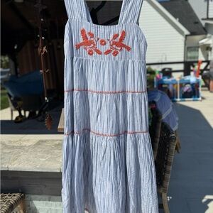 Sister Mary Blue and White with Orange trim Sleeveless Midi Sundress NWOT